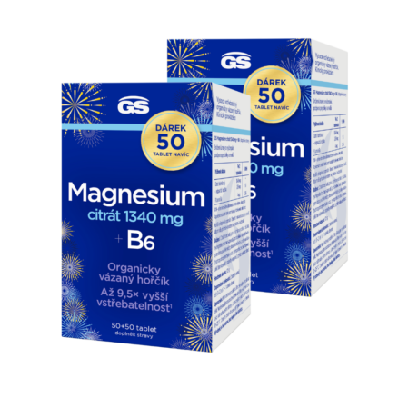 GS Magnesium citrát 1340 mg + B6, 2 x 50 + 50 tablet NAVÍC, dárkové balení 2025
