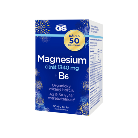 GS Magnesium citrát 1340 mg + B6, 50 + 50 tablet NAVÍC, dárkové balení 2025
