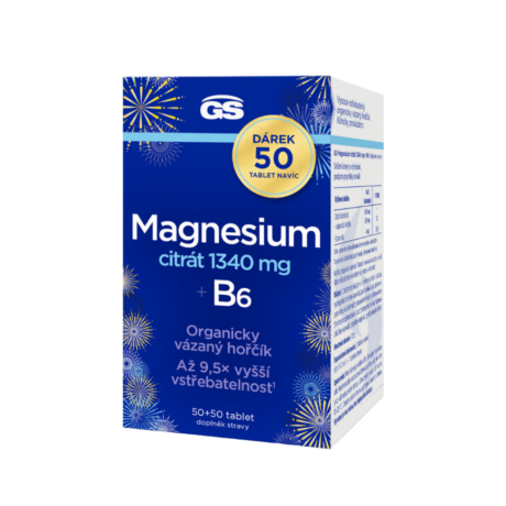 GS Magnesium citrát 1340 mg + B6, 50+50 tablet NAVÍC, dárkové balení 2025