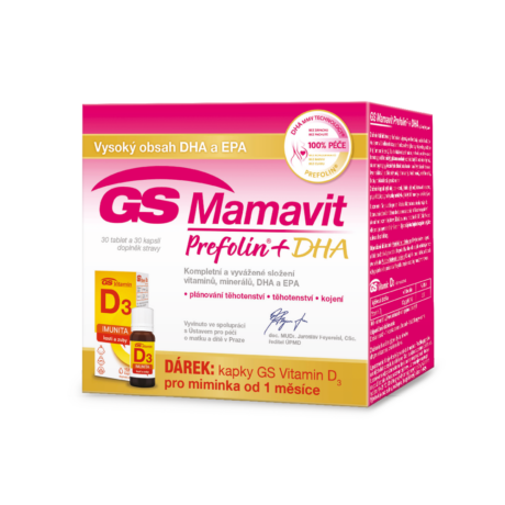 GS Mamavit Prefolin+DHA, 30 tablet + 30 kapslí + dárek kapky vitamin D3