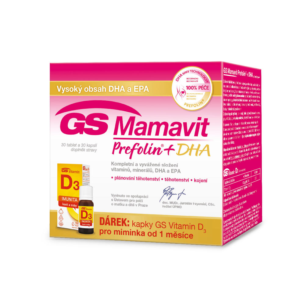 GS Mamavit Prefolin+DHA, 30 tablet + 30 kapslí + dárek kapky vitamin D3