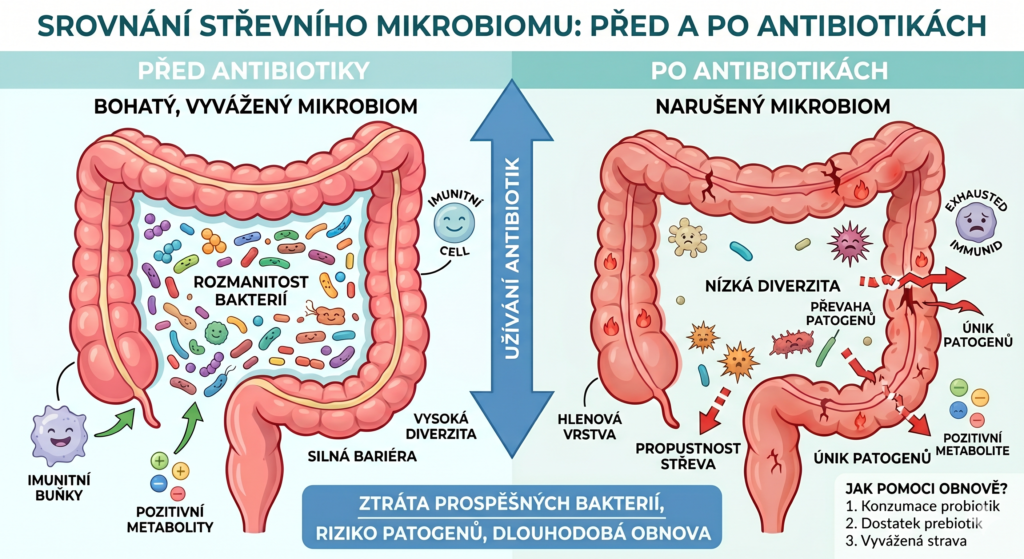 Narušený střevní mikrobiom po užívání antibiotik.