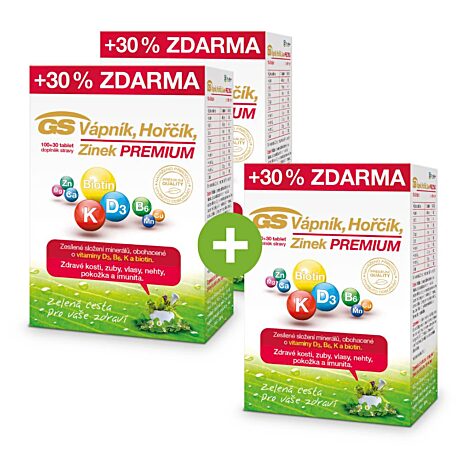 GS Vápník, Hořčík, Zinek PREMIUM s vitaminem D, 130 tablet, 2+1 ZDARMA