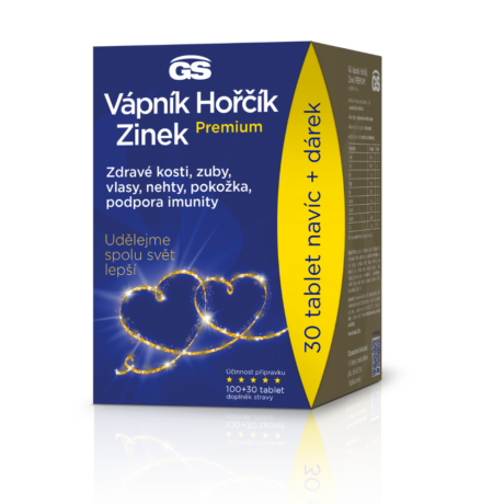 GS Vápník, Hořčík, Zinek PREMIUM, 100+30 tablet s vitaminem D, dárkové balení 2022